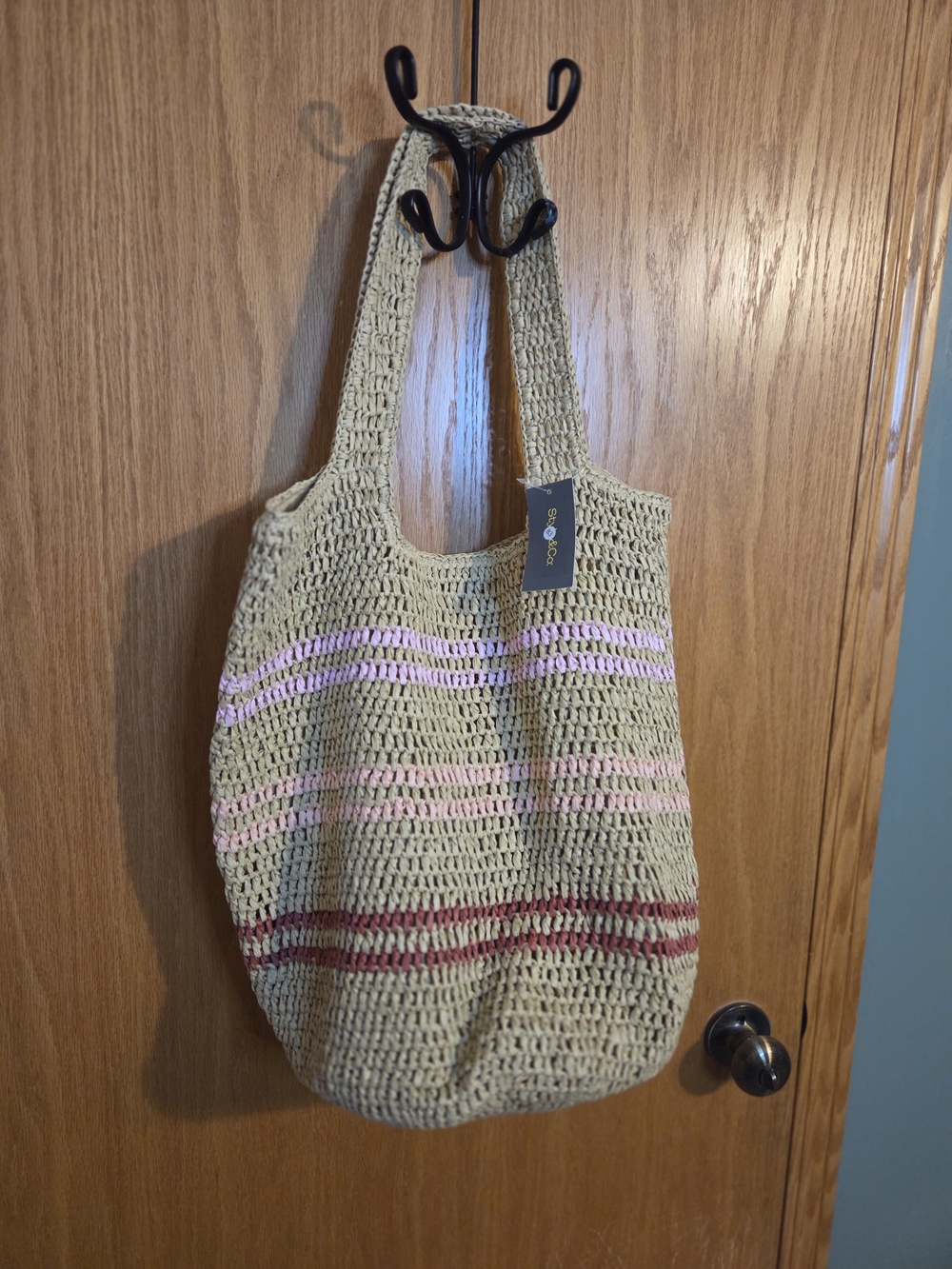 Style & Co. Beige Straw Tote with Pink & Burgundy Stripes